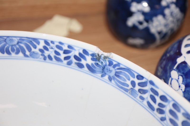 A late 19th century Chinese blue and white bowl and several other pieces